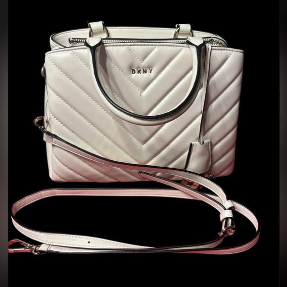 DKNY White Quilted Satchel with Chevron Stitching - Picture 4 of 8